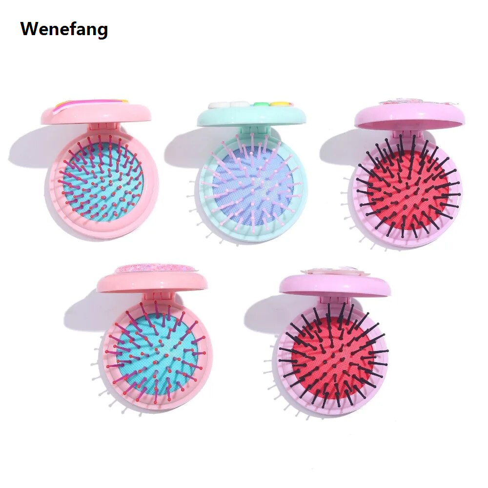 Wenefang 1pc Rainbow Cartoon Air Bag Comb Baby Mini Portable Folding Hair Brush with Mirror Head Massager Cushion Pocket Styling Tools