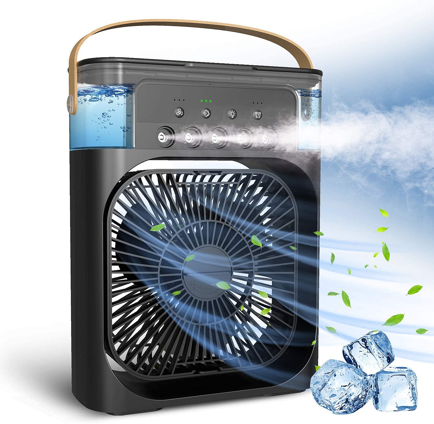 Portable Mini Air Cooler Fan - 5 Misting Nozzles, Strong Wind, Type-C Charging, 7-Color LED Light & Humidifier