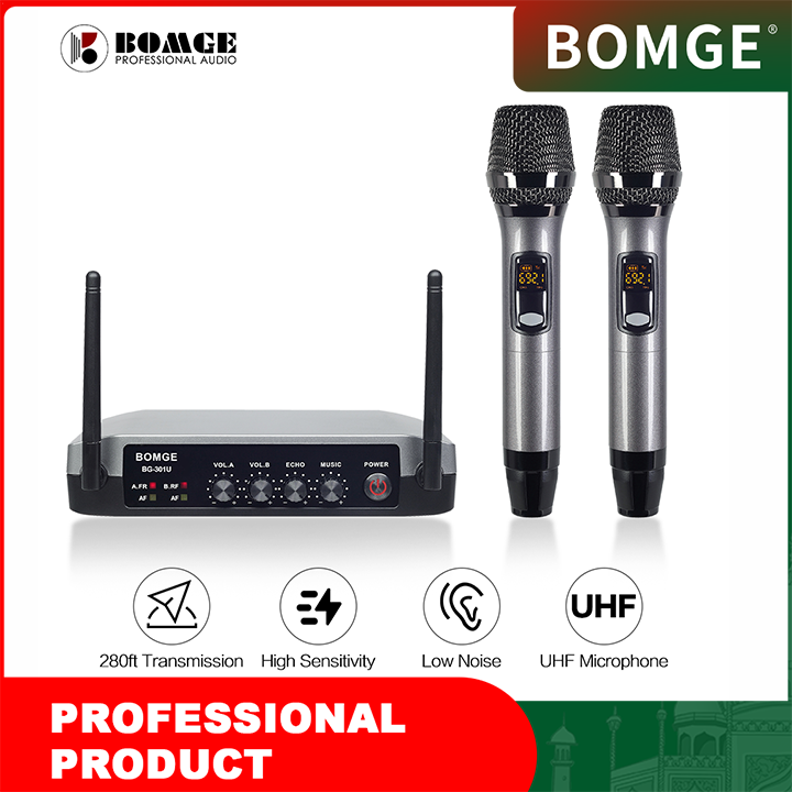 BG-301U Handheld Wireless Microphone System Cordless Metal Dual Mic with Bluetooth Receiver Box + Volume Control Echo for Karaoke Singing Speech Meeting Wedding Home KTV Set, 280FT