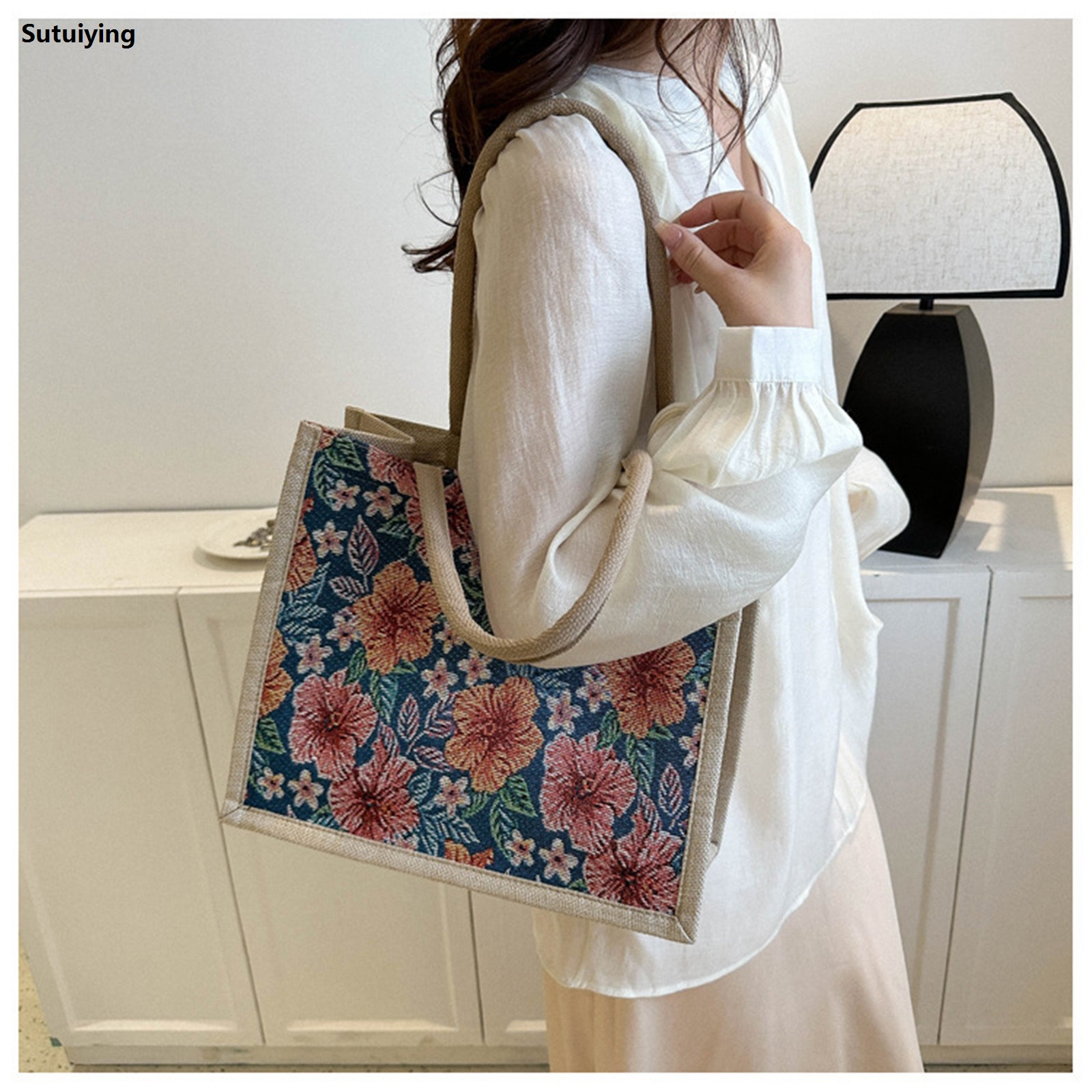 Sutuiying Vintage Women Handbag Linen Flower Print Tote Bag Large-capacity High Quality Handbag Casual Shoulder Bag Simple Eco Top Handle Shopping Bags