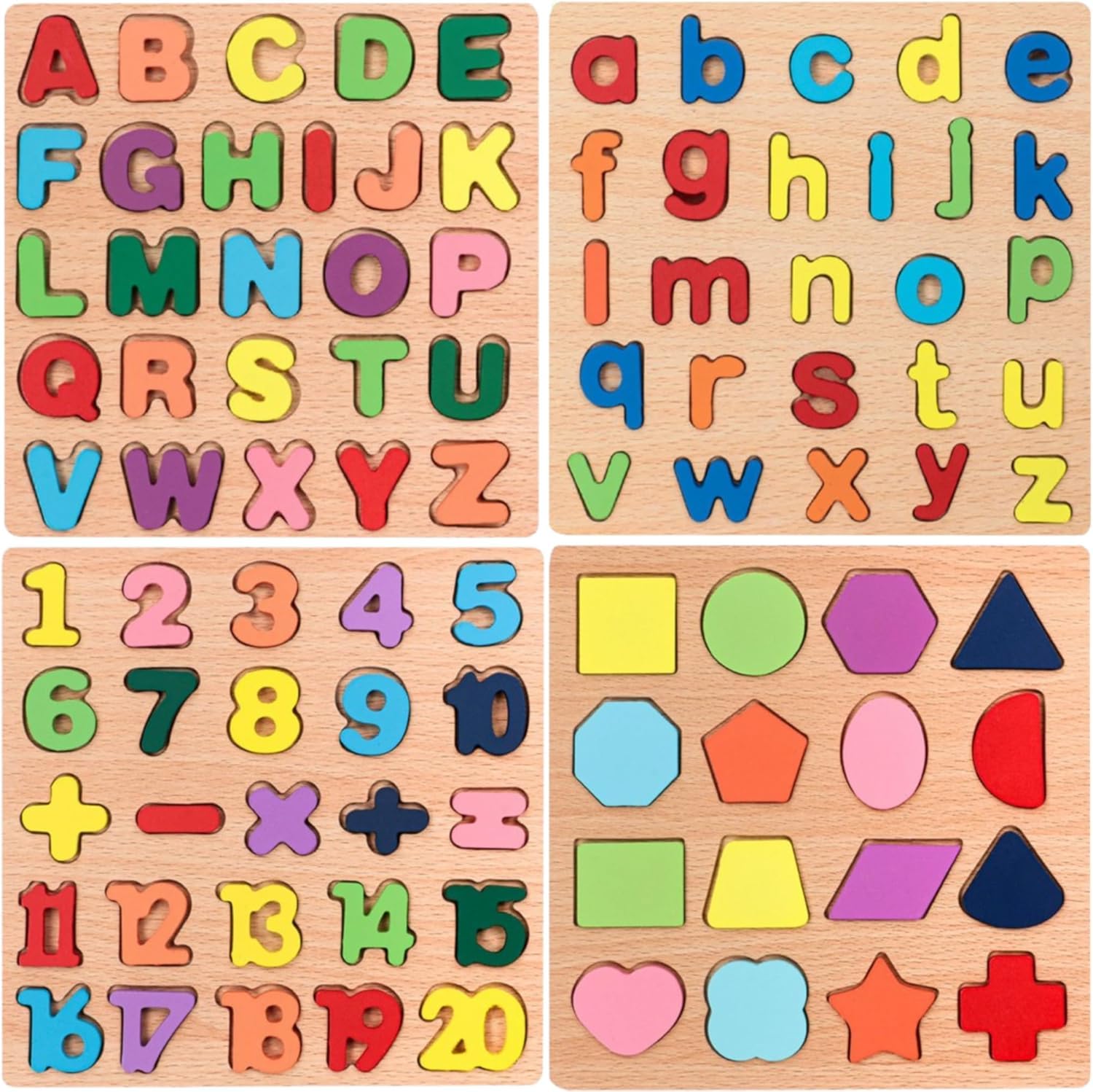 4-in-1 Wooden Montessori Puzzle Board - ABC Alphabet, Numbers 1-20, Shapes & Symbols - Educational Preschool Toy for Kids 2-5 Years (Boys & Girls)