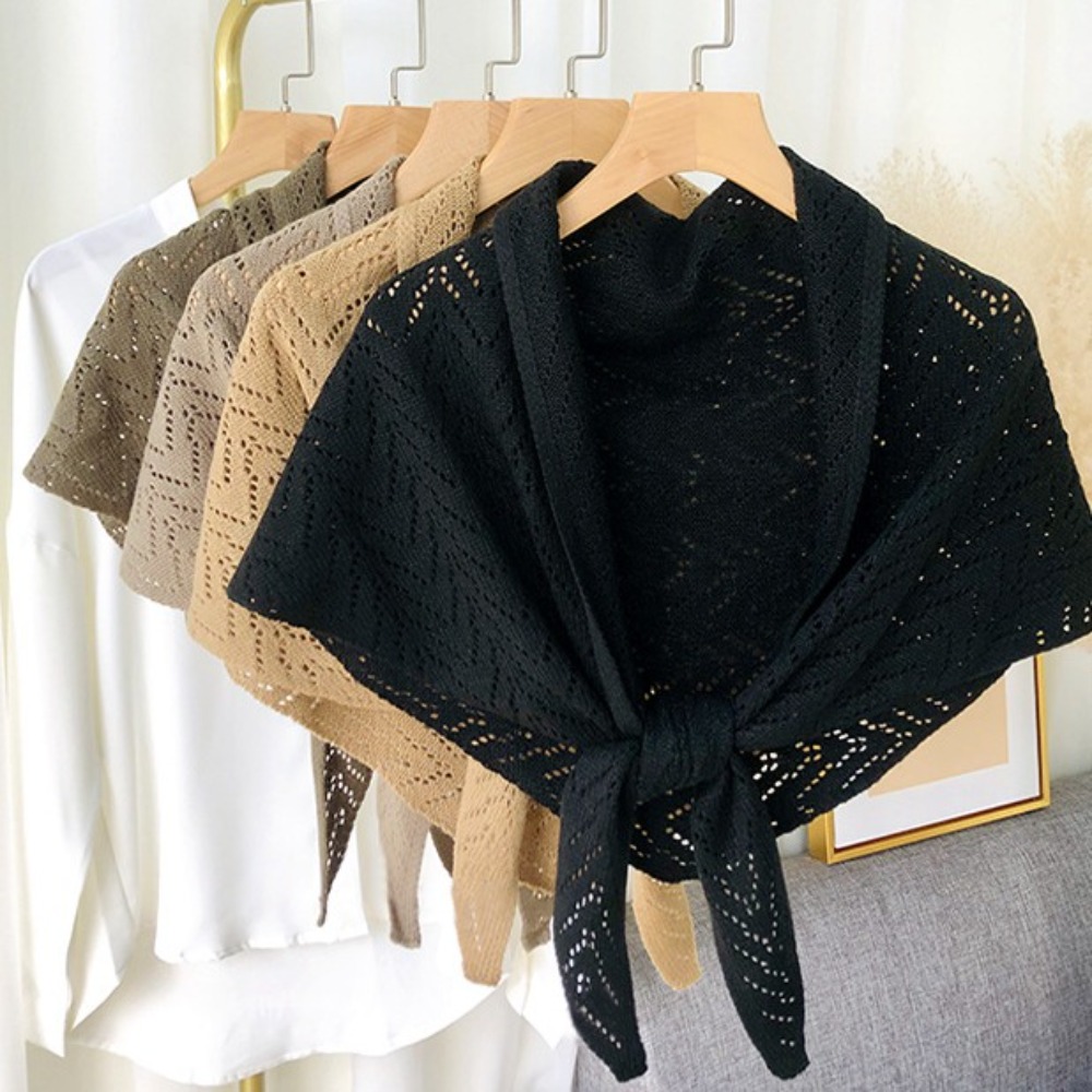 Plain Weave Triangle Shape Striped Cutout Cape Terylene Stripe Knitted Shawl Elegant Solid Color Shoulder Scarf Summer