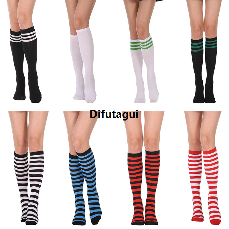 Difutagui Women's Knee High Socks Streewear Harajuku Cheerleaders Black Portable White Three-Line Striped Letter Fashion Dress Sock