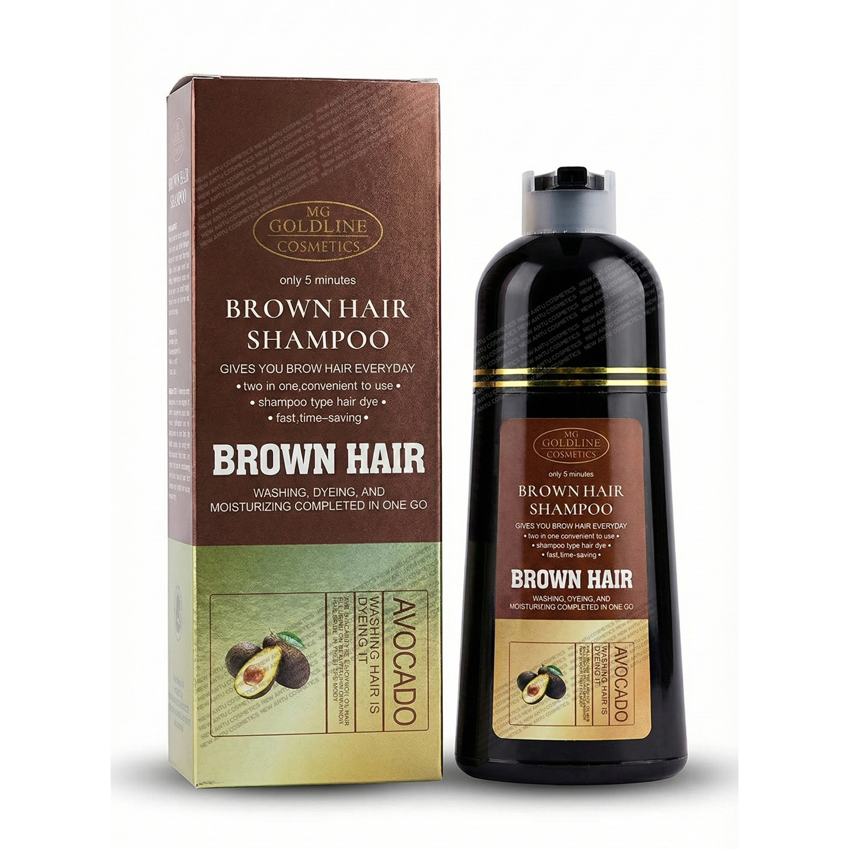 MG Goldline Avocado Natural Color Brown Hair Shampoo 400 ml - Non-Sticky Formula, Instant 5-Minute Brown Hair Dye - Doesn’t Stick on Scalp - 2-in-1 Coloring Shampoo | New Antu Cosmetics