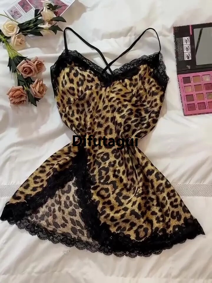 Difutagui New specials Leopard Silk Satin Women Nightgown Sleeveless Side Split High Quality Lace Sleepwear V Neck Nightwear Female Homewear Cloth Pajama Dress