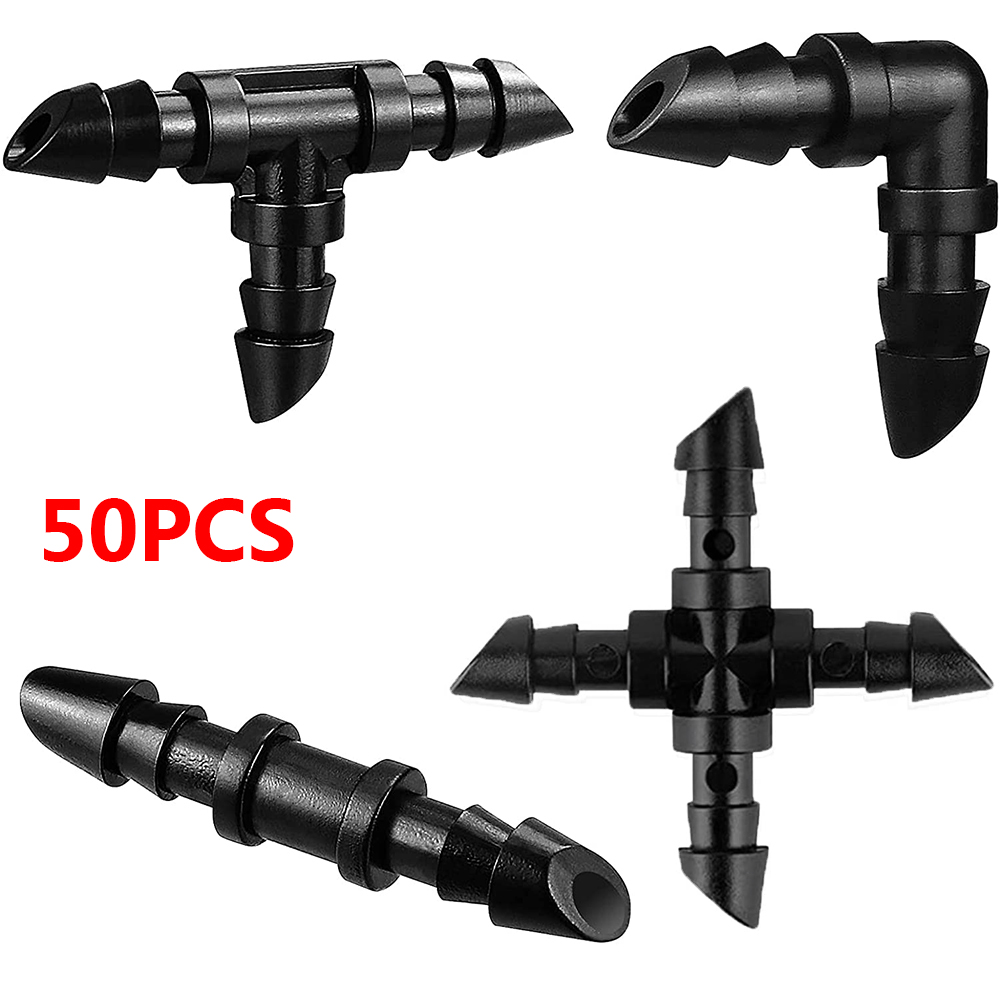 50pcs Water Pipe 4/7mm Hose Watering Fitting 4-way Coupling Garden Irrigation Connectors Single Double Tee