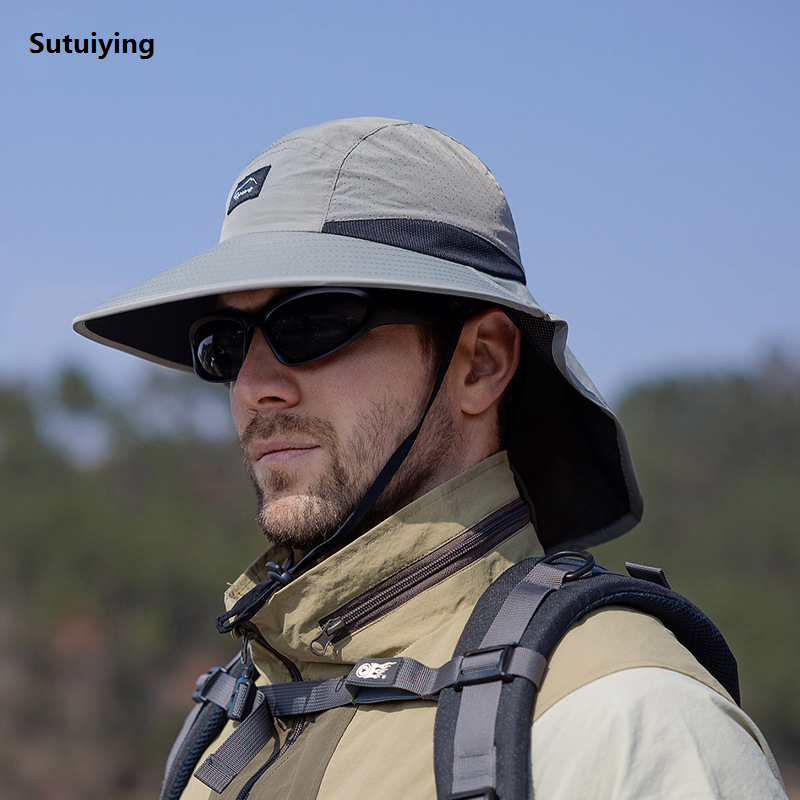 Sutuiying Summer Water-resistant Men's Fisherman Hats with Shawl Outdoor Hiking 2025 New Fishing Breathable Wide Brim Bucket Hat Sun UV Protection