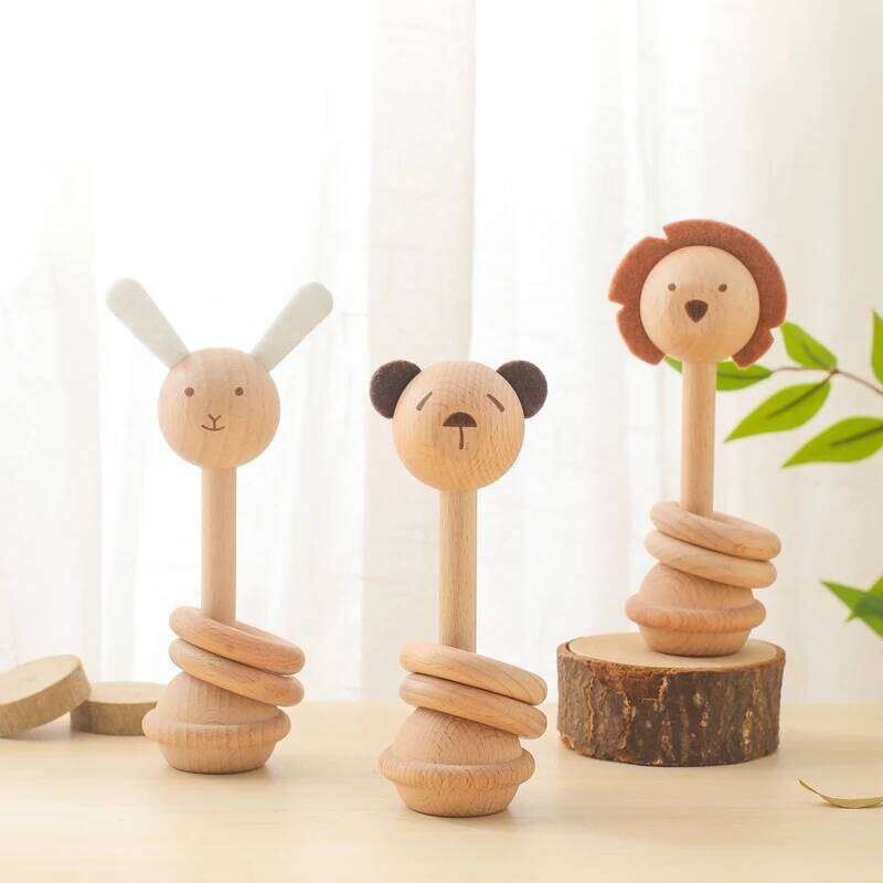 1pc Baby Beech Wooden Animal Rattles Music Hand Bells Newbron Montessori Educational Mobile Rattle Blocks Toys