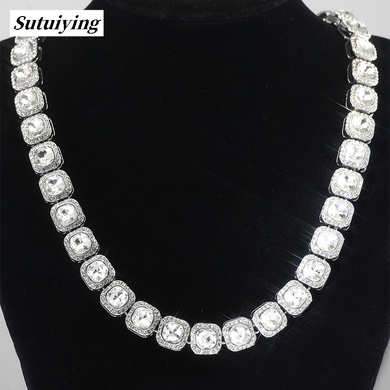 Sutuiying [ New ] Ice Inlaid Zircon Men's Square Glass Cuban Hand Necklace Portable Rock Sugar Chain HipHop Trendy Men's Accessories