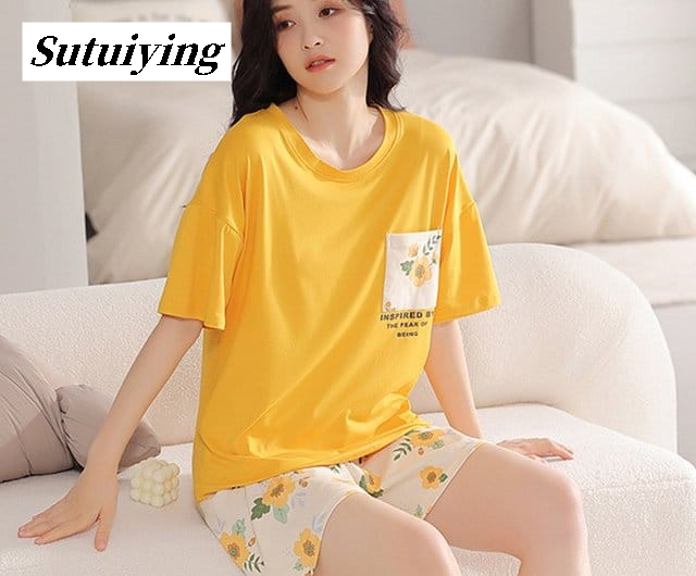 Sutuiying Floral Pocket Cotton Nightwear Set for Women Girls - Summer Lounge Wear in 4 Variants - T-Shirt Pajama / Shorts Combo - Luxury Ultra Soft Breathable Jersey Fabric - Cute Printed Designs for Teens, Ladies (S to XL) - Sleepwear Homewear Colle