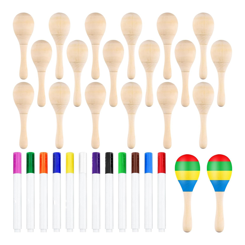 JAERBEE 20Pcs DIY Wooden Maracas for Kids, Mini Maracas for Mexican Fiesta Favors with 12Pcs Multicolor Pens,