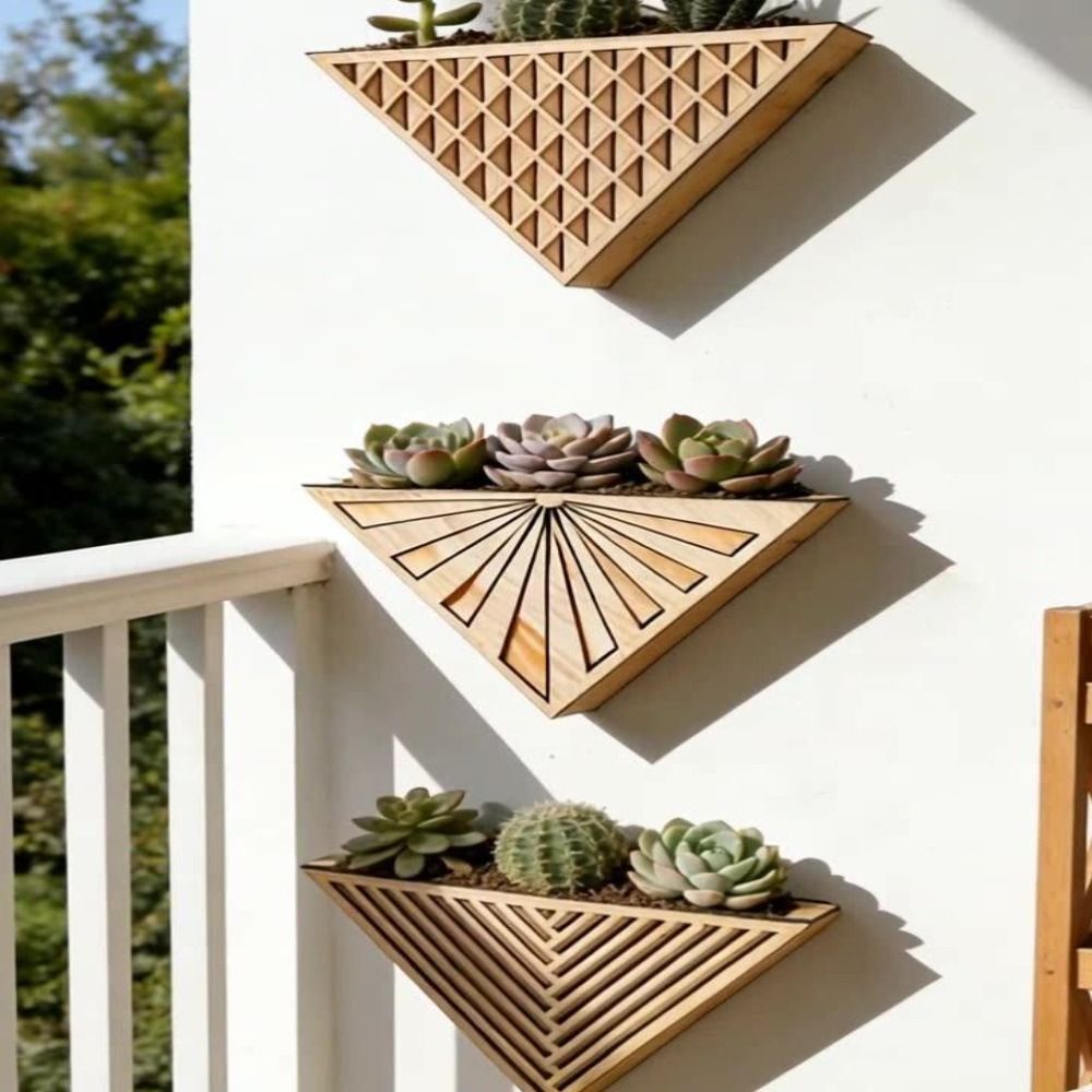 New Wooden Material Wood Wall Planter Geometric Design Triangle Shape Wood Hanging Vase Wall Decor Modern Farmhouse Style Geometric Flower Pot Bedroom