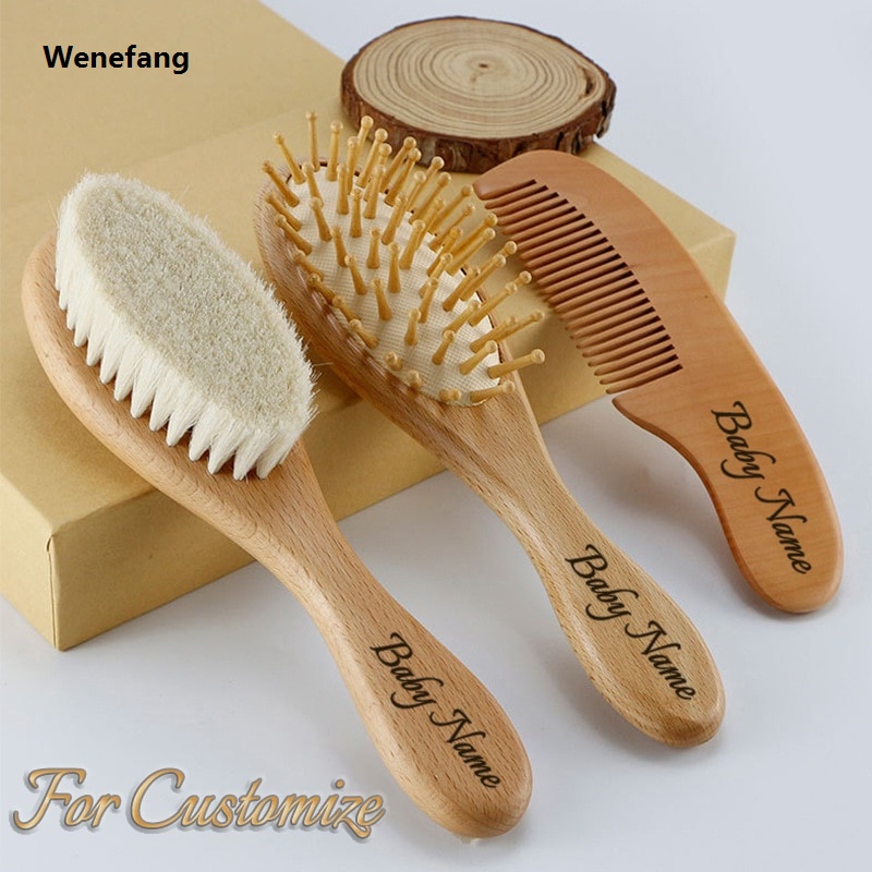 Wenefang Custom Name Baby Wool Hair Brush Natural Wooden Boy Girl Head Comb Infant Head Massager Portable Bath Brush Comb for Kids