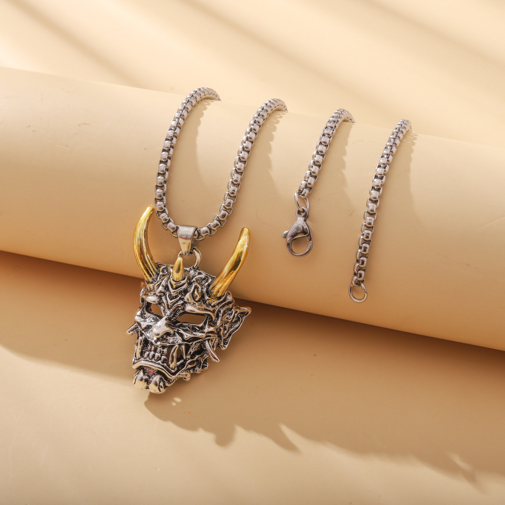 【New arrival】Wish Ghost Samurai Mask Necklace Retro Hip Hop Style Golden Horn Prajna Pendant Alloy Men's Woolen Chain