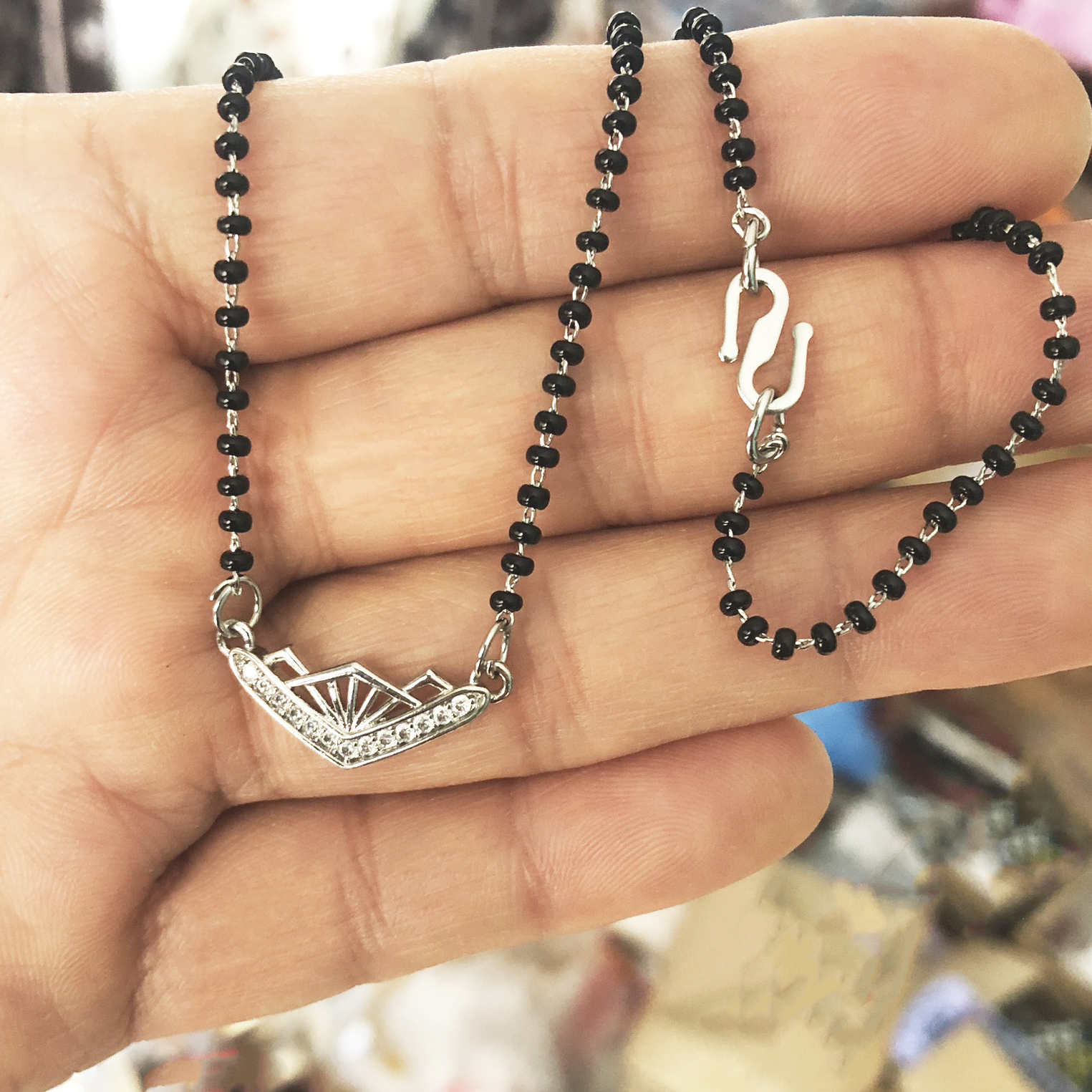 Crystal Beauty Black Potey Mangalsutra With Silver Stainless Locket For Women