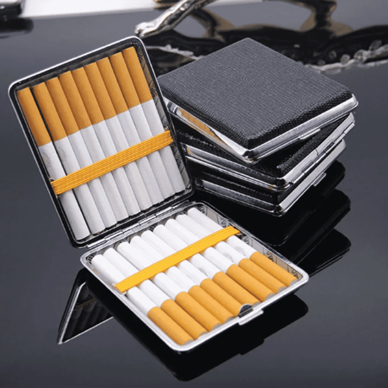 Luxury Metal Case - Leather Finish, Ultra Slim, Portable Holder for 20 Sticks