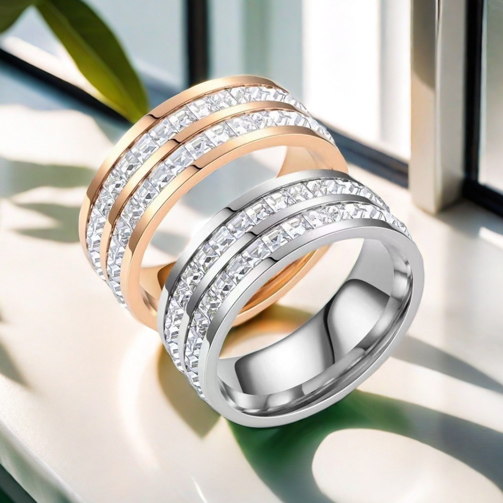 【Fashion-forward】Personalized full diamond men's stainless steel titanium steel cold wind finger ring vacuum plating high color jewelry