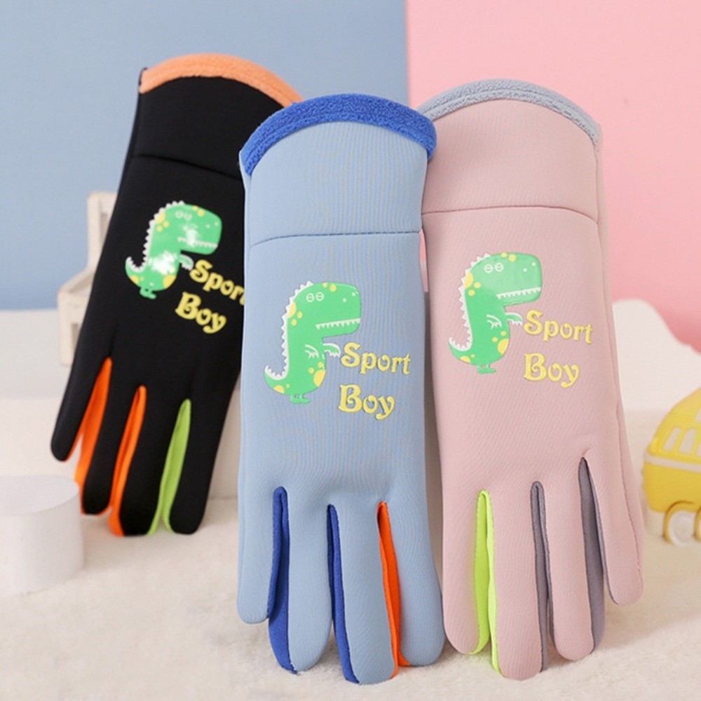 Portable Cartoon Dinosaur Kids Warm Gloves Windproof Waterproof Kids Winter Cycling Gloves Thick Night Luminous Children's Outdoor Gloves Outdoor