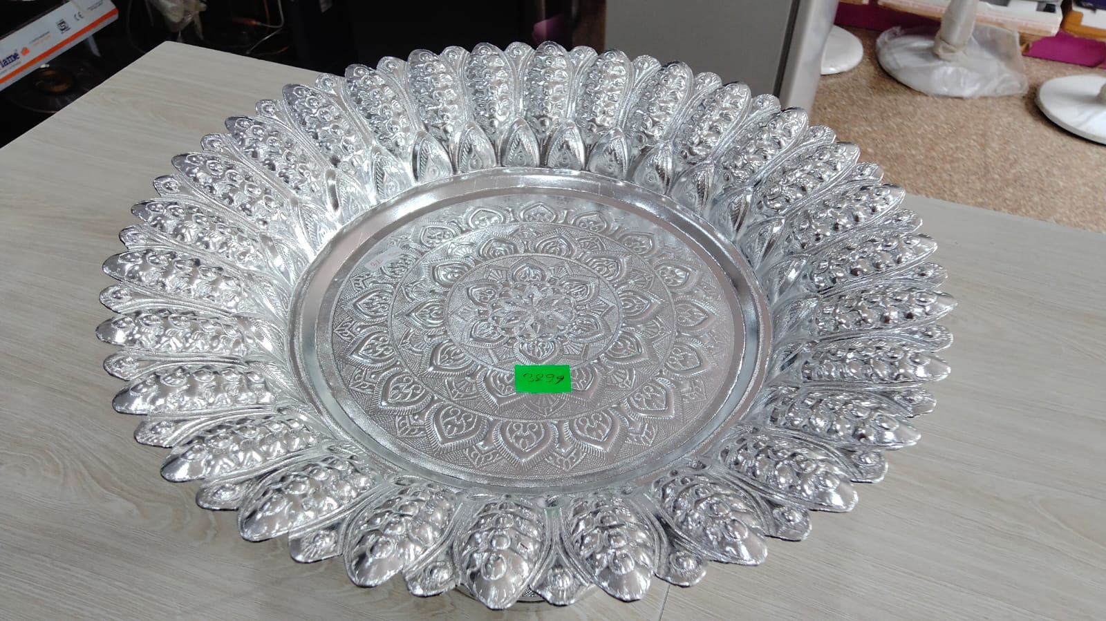 34 Cm. Thai Sliver Coated Aluminium Traditional Tray With Pedestal For Worship (Tika Thali)