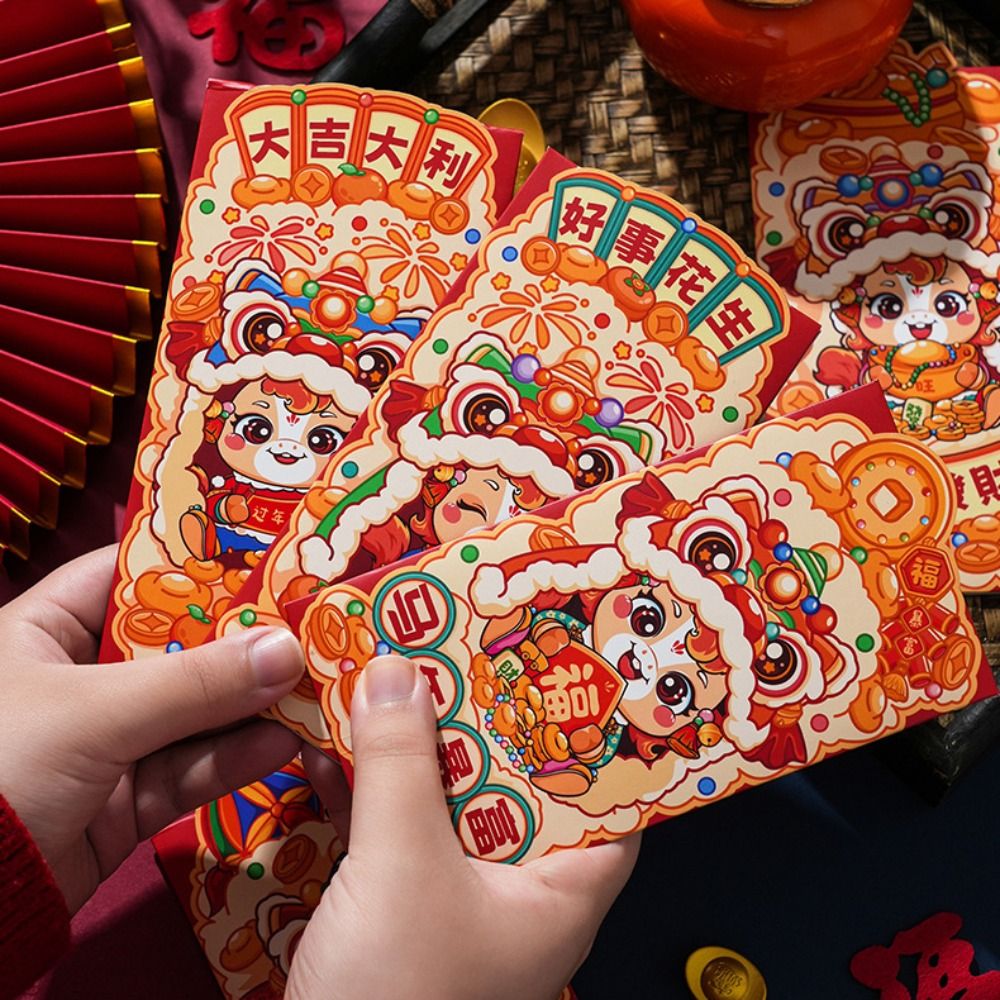 6pcs Good Cartoon Red Envelopes Blessing Words Traditional Money Bag Red Color Money Package Year