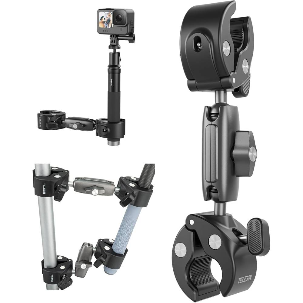 TELESIN Double Clamp Mount Bicycle and Motorcycle Mount for GoPro Hero 13 12 11 10 9 8 7 6 5 4 3, Handlebar Mount for DJI Osmo Action 5 Pro 4 3 Pocket 3 Insta360 X4 X3 Action Camera