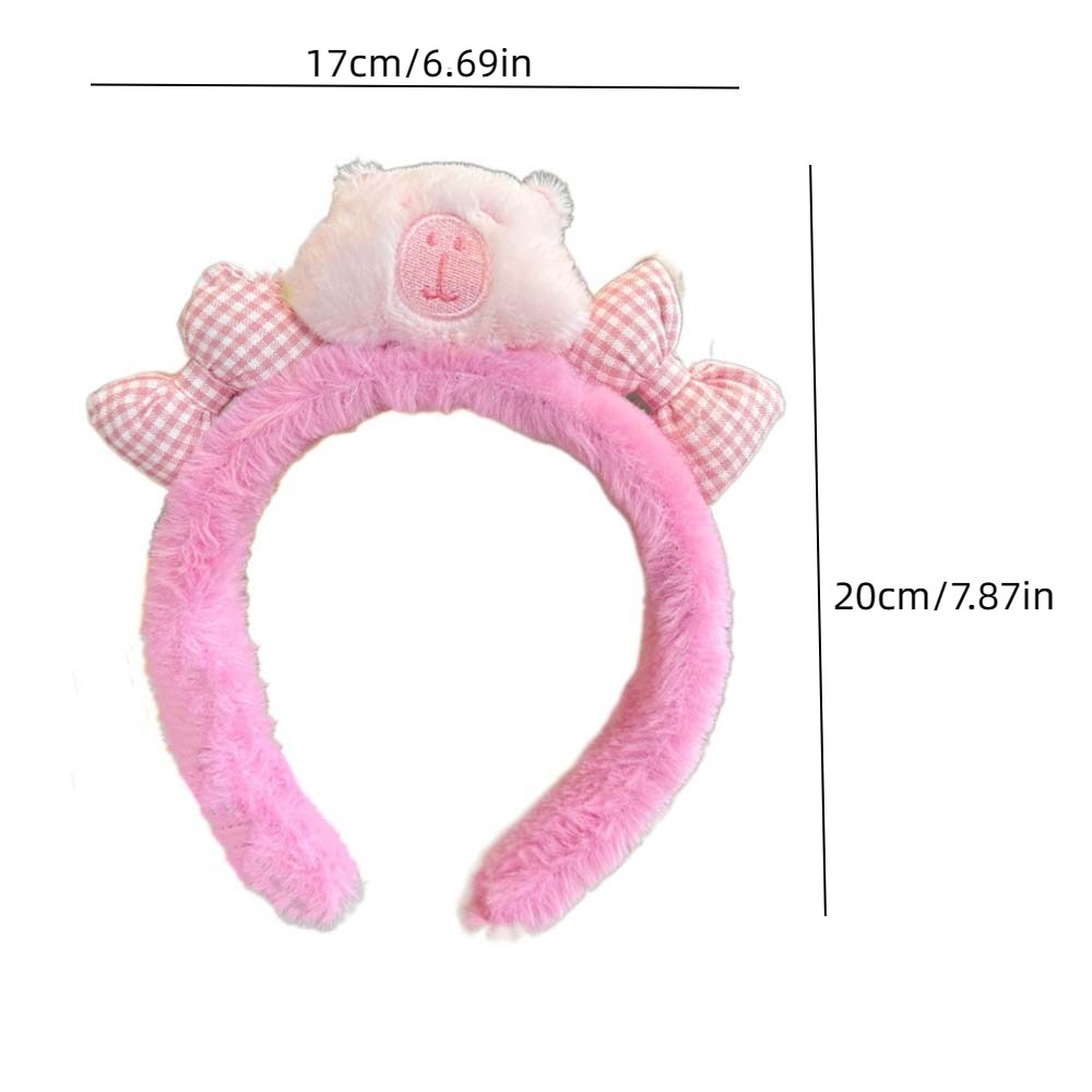 Wash Face Cartoon Capybara Headband Bow Flower Plush Hair Hoop Pink Plaid Anime Doll Hairband Party