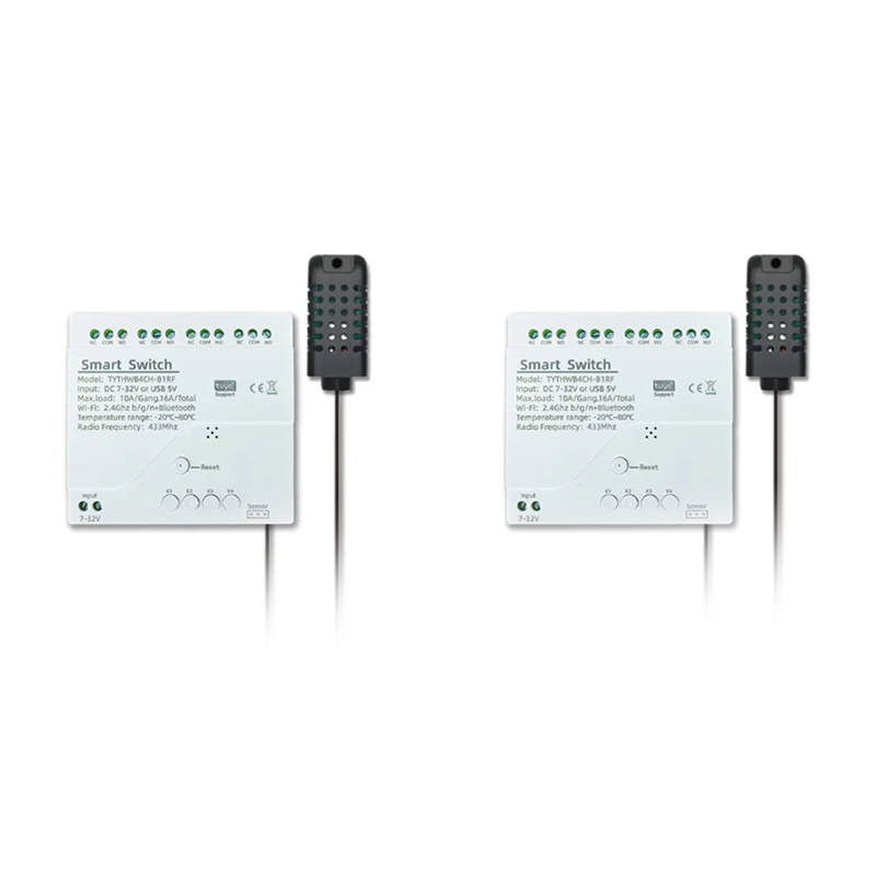 JINMY 2X Tuya Smart WiFi 4 Channel Relay with Temperature Humidity Sensor Passive Dry Contact Switch RF433 for Alexa (B)