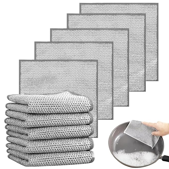 Multipurpose Non-Scratch Scrubbing Wire Dishwashing Rags, 10.psc Wire Wool，Multipurpose Wire Dishwashing Rags for Wet and Dry, Resuable Kitchen Microfibre Cleaning Cloth