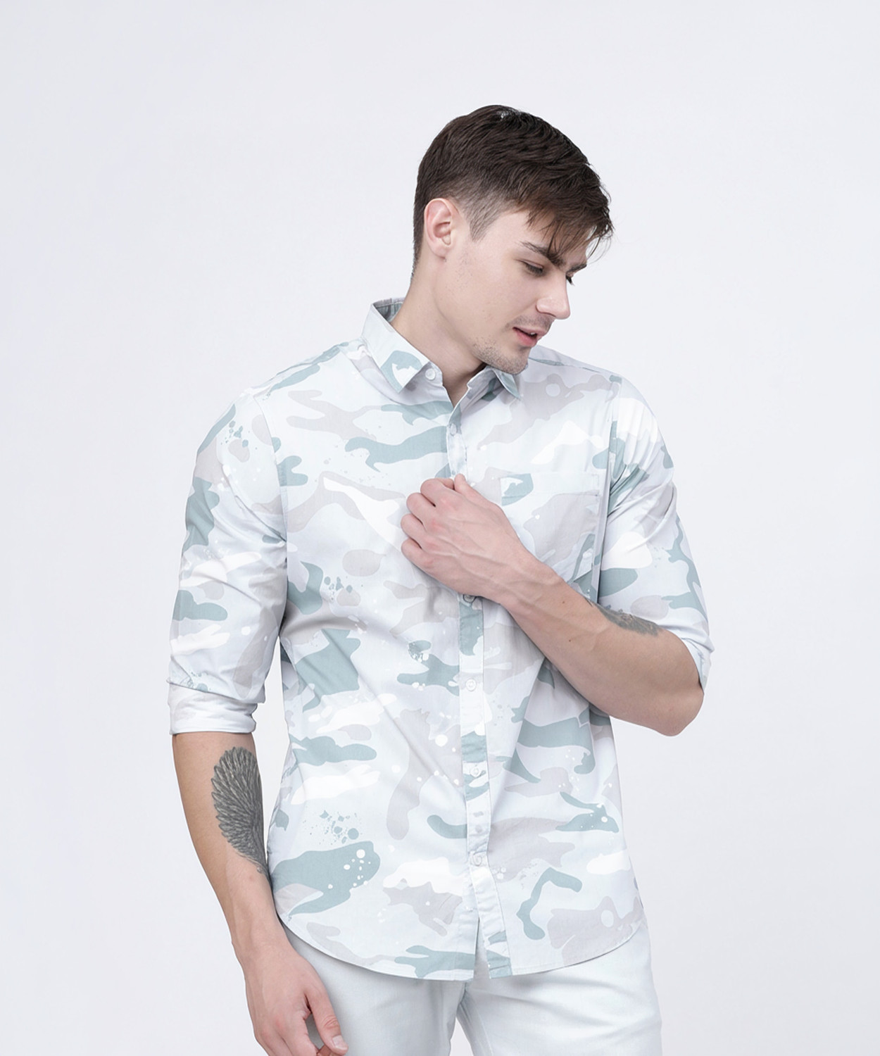 Fabdale Pure Cotton Powder Blue & Mint Printed Slim Fit Casual Shirt | Effortless Everyday Sophistication (HLDN-024)