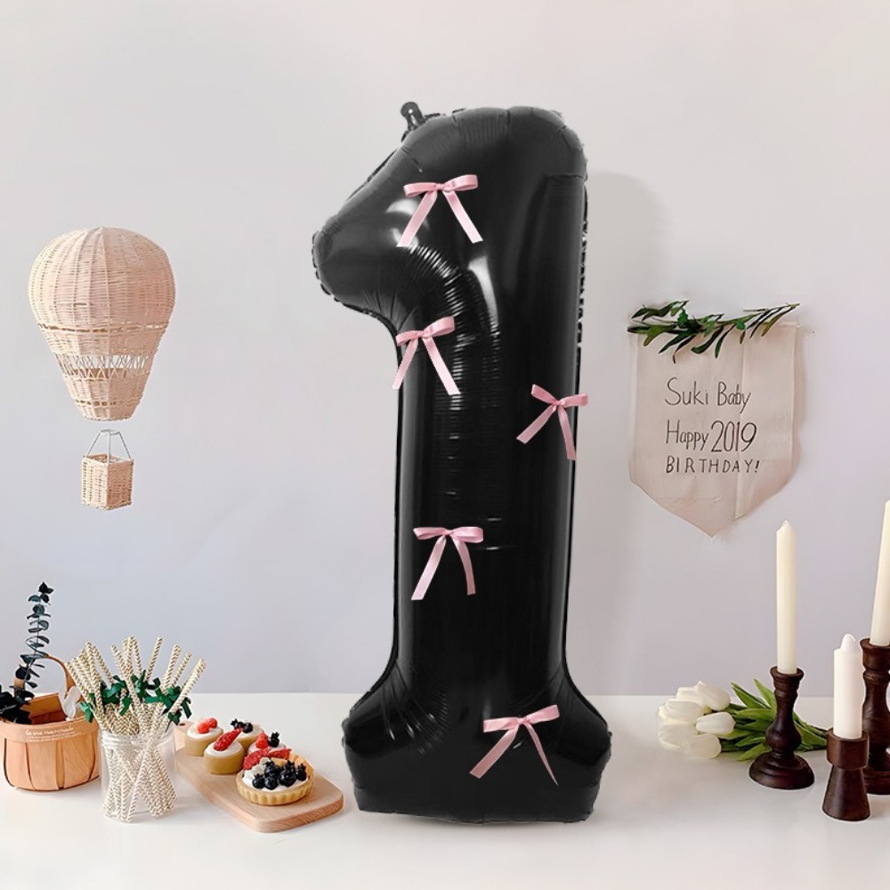 New 32 Inch Black Number Balloon with Pink Bows Crafts Satin Ribbon Aluminum Foil Balloon Large Decorative Balloon Girl Birthday Decoration