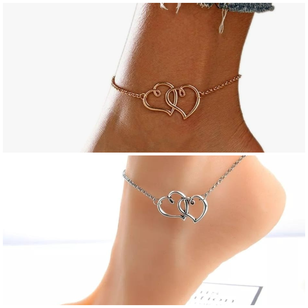1 Piece Double Love Heart Anklet - Gold /Silver Beach Foot Jewelry for Women, Perfect for Summer Elegance & Vibes - Best Present Ever