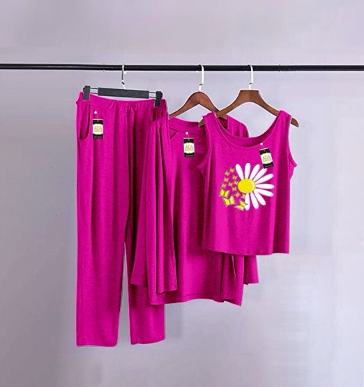 Pink Color Sun Flower Printed 3Pcs Pajama Suit Women Modal Long-Sleeved Vest For Leisure Home Wear Female Sleepwear Night Dress By FIZA GARMENTS