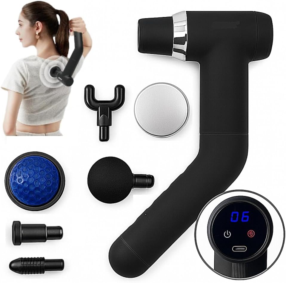 Deep Tissue Percussion Massage Gun with Long Handle | Hot & Cold Therapy Muscle Massager for Back, Neck & Legs | 6 Heads | Type-C Rechargeable
