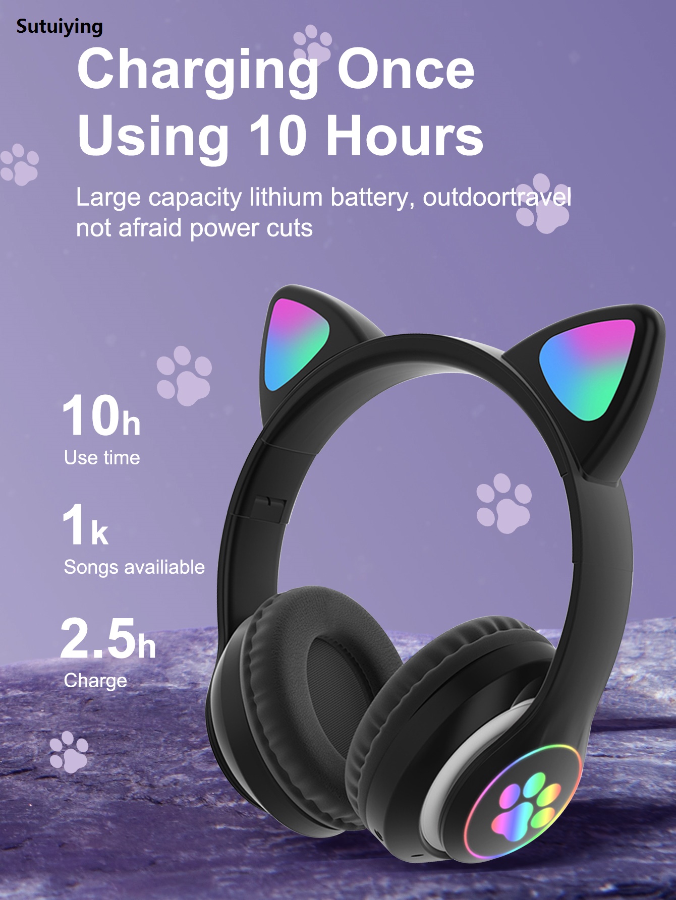 Sutuiying Wireless Headphone Flash Light Cute Cat Bluetooth with Mic Control LED Stereo Music Helmet Phone Bluetooth Headset Gift