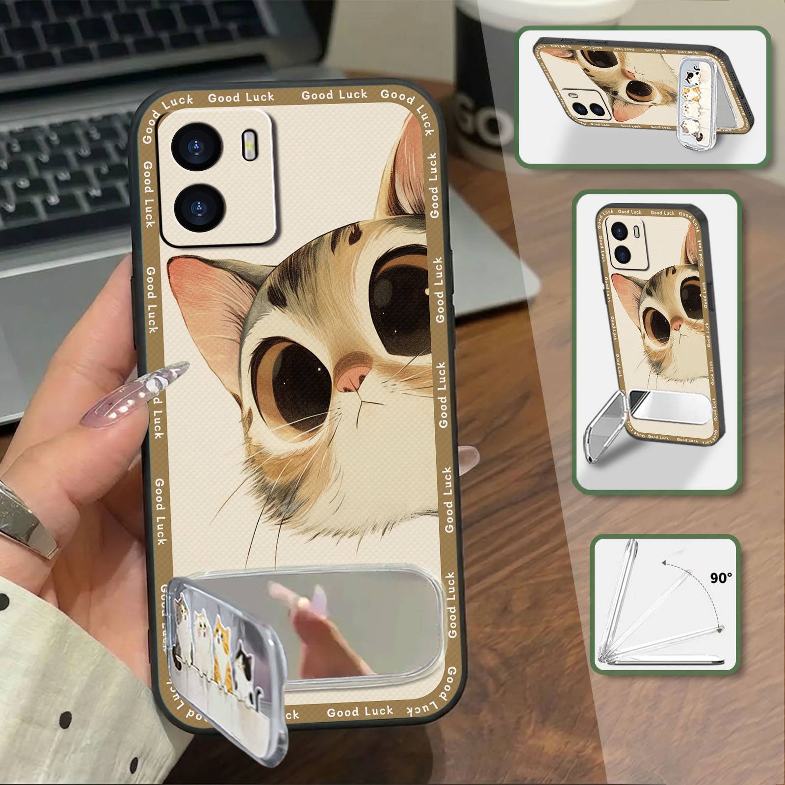 Mirror TPU Phone Case For VIVO Y15S 4G/Y15a 4G/T1 4G/Y10 4G/Y01/IQOO U5X Kickstand Protective Shockproof Back Cover 3D