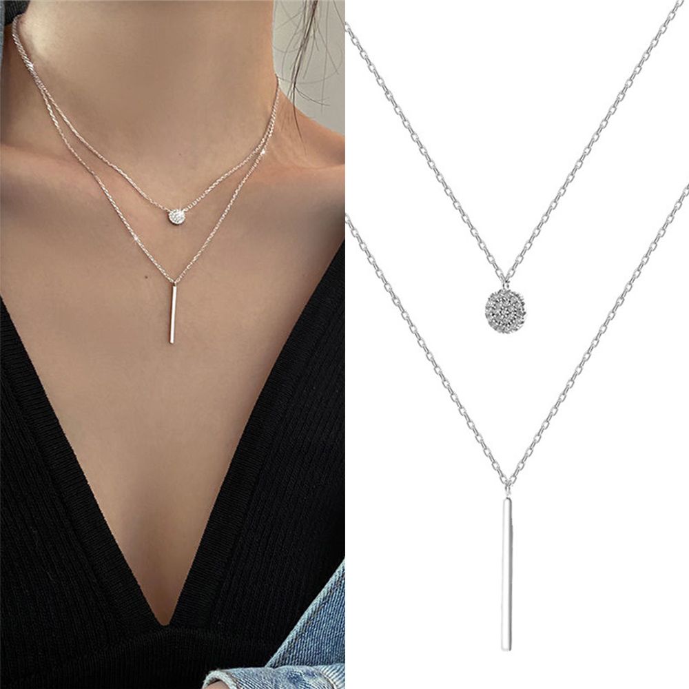 Alloy Rose gold Full Zircon Round Shiny Double Layer Necklace Long Pendant 925 Sterling Silver Clavicle Chain