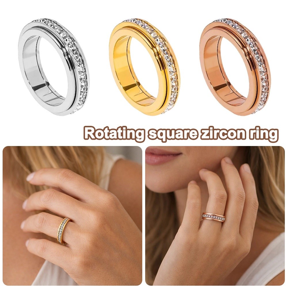 New Single Row Square Zircon Ring Sparkling Crystal Jewelry Accessories Wedding Rings Rotating Ring Starry Couple Gift