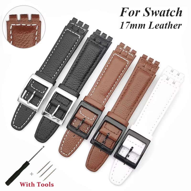 17mm Genuine Leather Bracelet for Swatch Strap Lychee Watch Band Wrist Strap Brown Watchbands Women Men Watch Belt Accessories