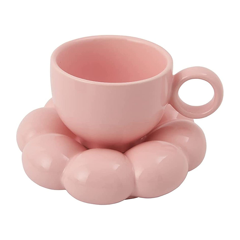 Flower Coffee Cup & Saucer Set Cute Mug & Saucer Set Ceramic Coffee Cup with Sunflower Saucer Latte Cups 6.7Oz Pink