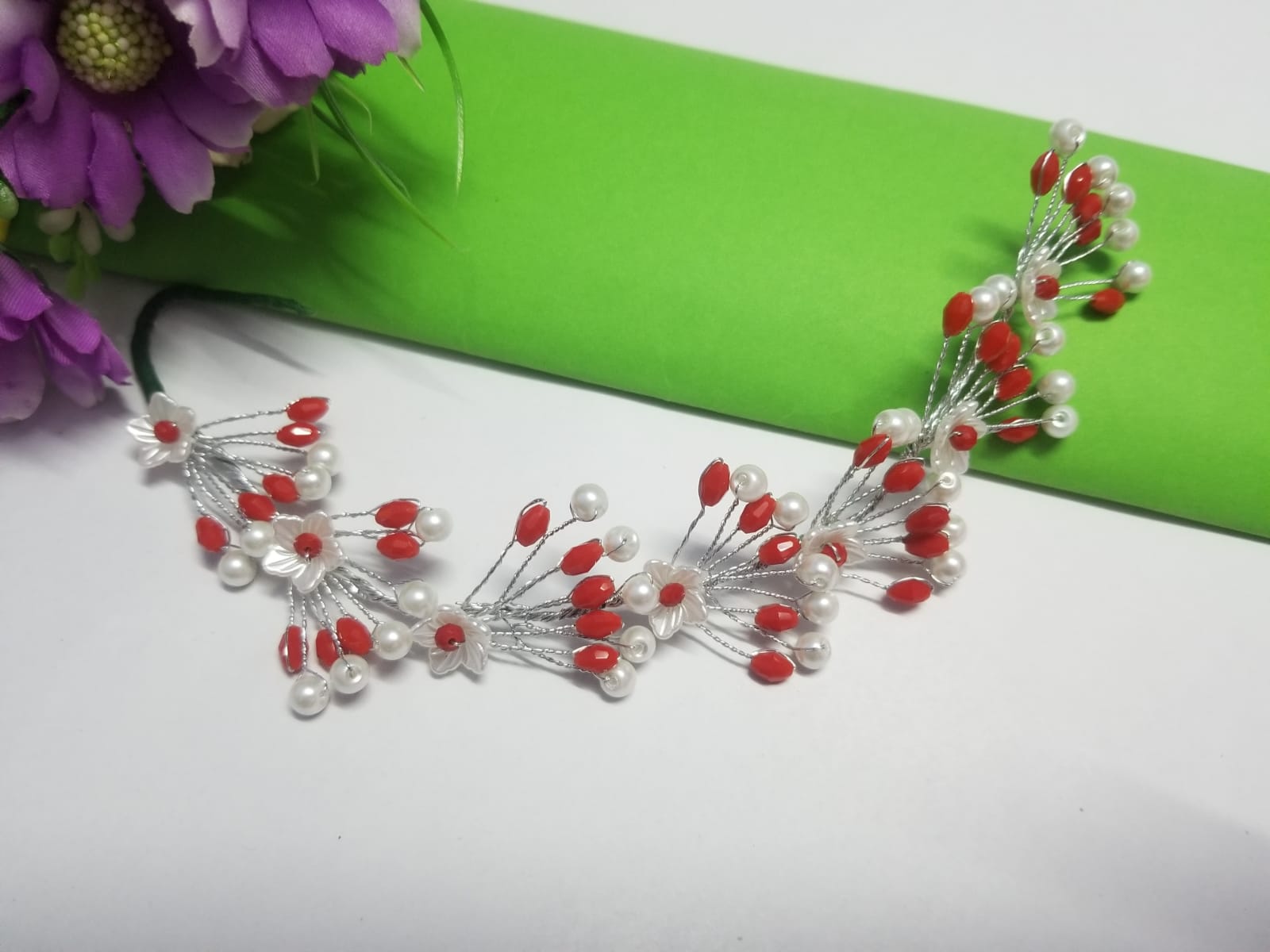 Gajara / White Round Pearl And Red Crystal Hair Vine Headband For Bridal and Also For Others Function