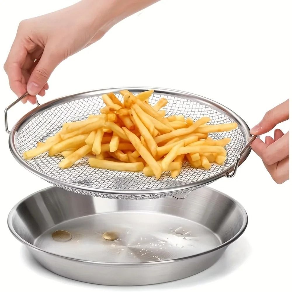 Heat Resistant Stainless Steel Frying Rack Heavy Duty With Tray Filter Screen Dual Ear Oil Draining Rack Kitchen Use
