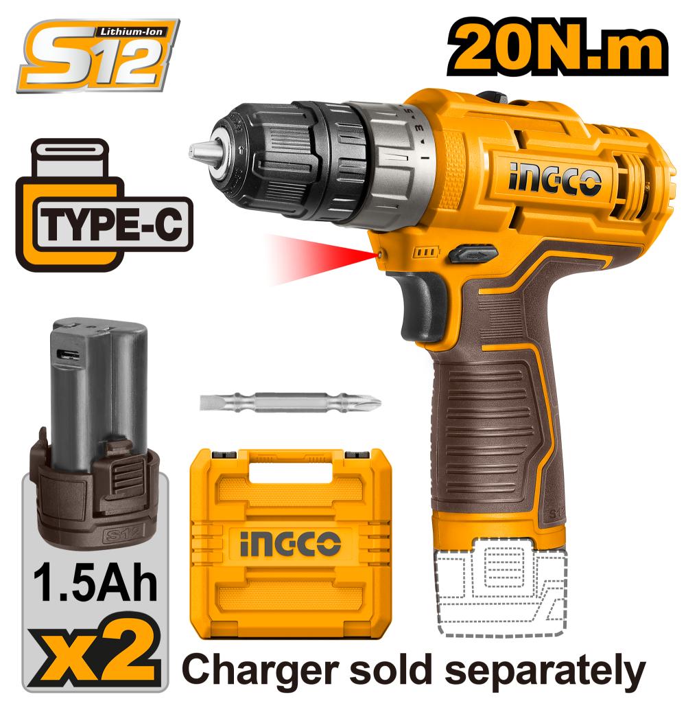INGCO Power Tools 12V Lithium Cordless Drill Machine CDLI12202