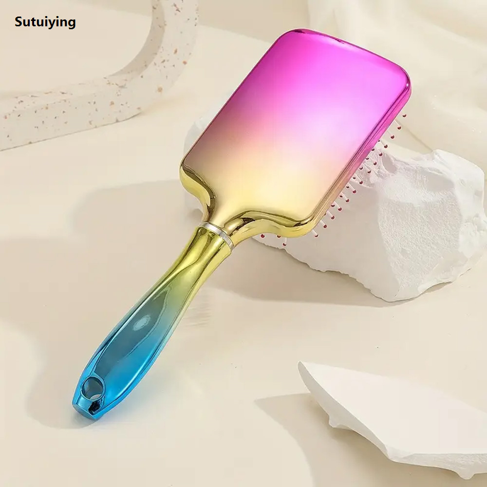 Sutuiying 1pc Plating Large Scalp Massage Hair Comb Square Air Cushion Combs Fashion Gradient Color Hair Brush For All Hair Types Barber Accessori