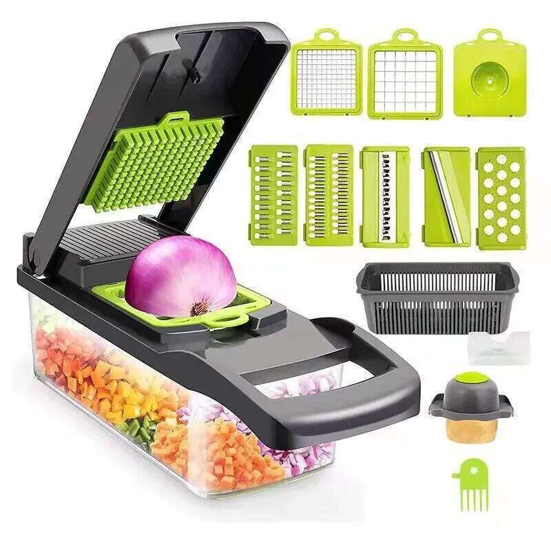 Green Black 16 in 1 Multifunctional Vegetable Cutter Shredders Slicer With Basket Fruit Potato Chopper Carrot Grater