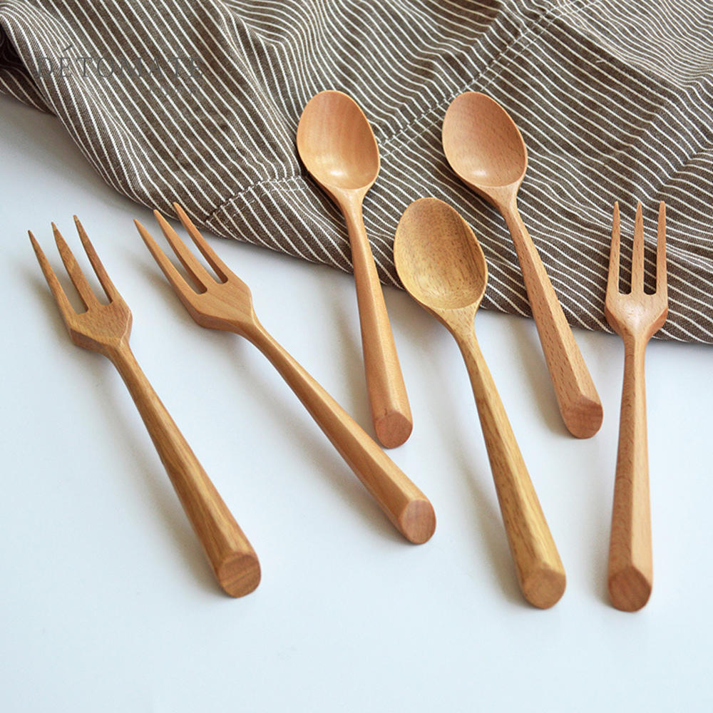 Natural Solid Color Reusable Wood Soup Spoons fork Chopsticks Elegant Cutlery Flatware Dinnerware Portable Dinnerware