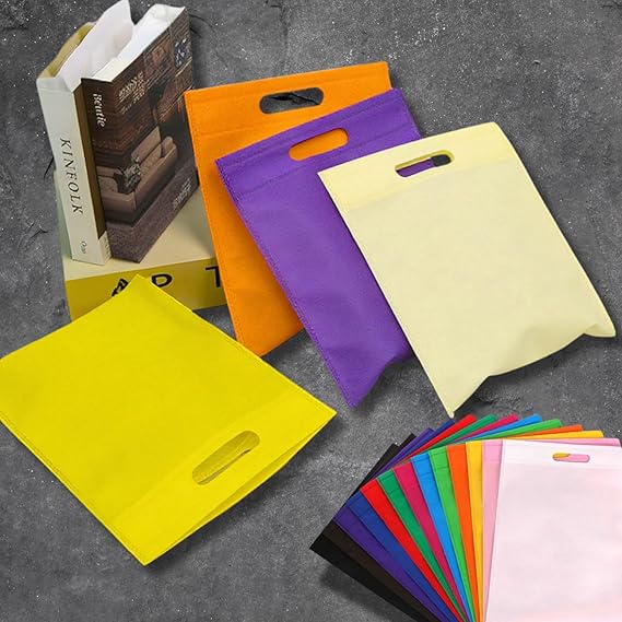 FR-KG Pack of 50 Pieces of Large Size Non-Woven Fabric Bag / Disposable / Reusable / Poly Non Woven Bags Party Gift Tote Bags Clothes Packing with Handles Goodie Rainbow Colors Treat Bag for Party Favors