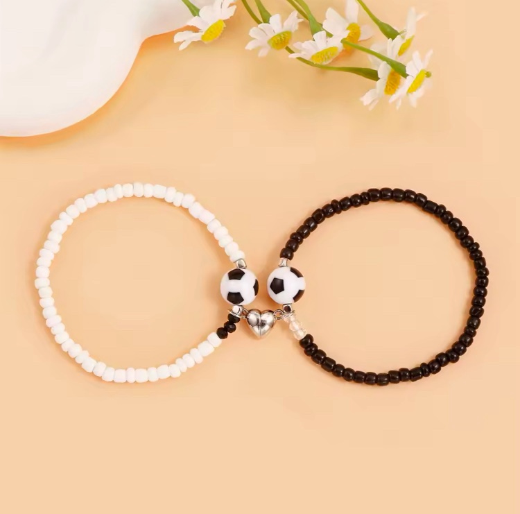 Masala Beads 2pcs Set Football Heart Magnetic Couple Bracelet Football Beaded Bracelet For unisex