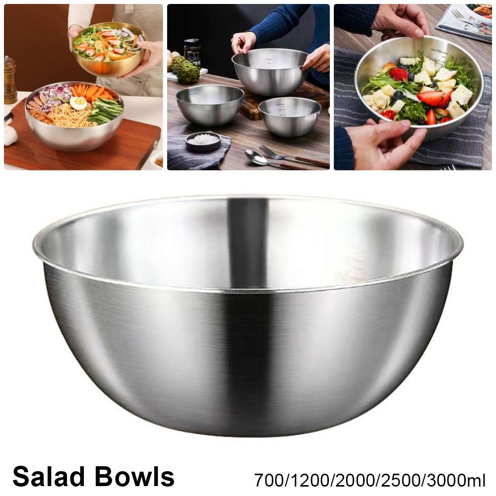 1Pcs Durable Stainless Steel Salad Bowls Fruit Vegetable Noodle Container 17/19/23/25/27cm Egg Flour Mixing Basin with Scale Thicken Mixing Bowls for Kitchen Tableware