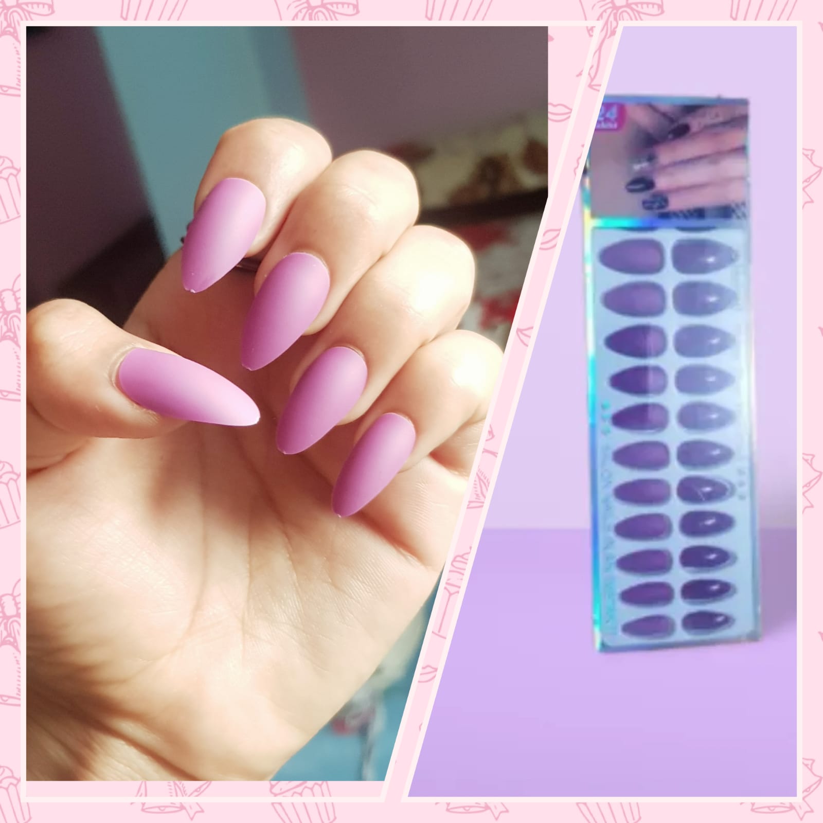 24 Pieces Pink Purple Fake Nails Without Glue (Reusable Artificial Nails)