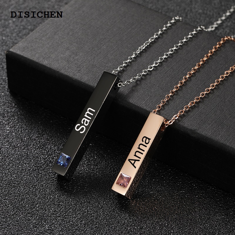 DISICHEN Sales promotion Personalized Four Sides Engrave Square Pendant Necklace Stainless Steel Bar Engraving Name Date For Women Men Jewelry Gifts